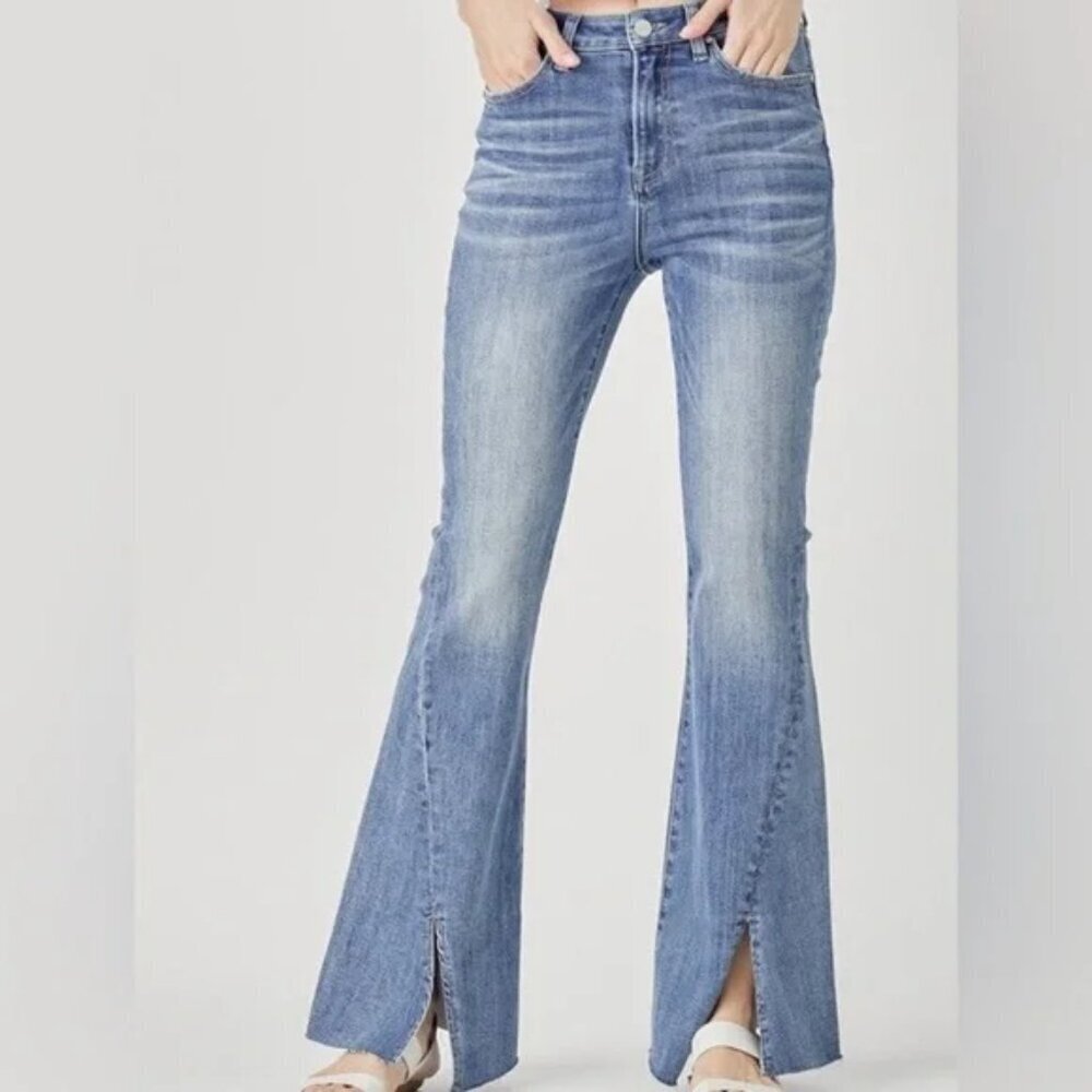 Risen Women's High-Rise Twisted Hem Flare Blue Jeans Size 3XL